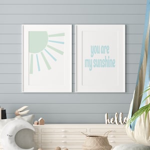 You Are My Sunshine Set of Two Prints Nursery Decor Blue and Green Art Playroom Decor Sage Green Wall Art Abstract Sun Colorful Nursery Art