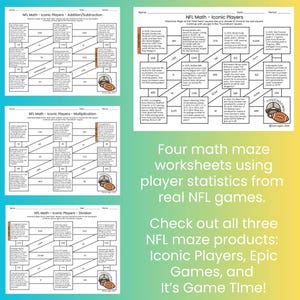 May include: Four educational math maze worksheets featuring NFL player statistics. Each page includes word problems, numerical data, and a football graphic labeled Touchdown. The text includes NFL Math - Iconic Players and related headers.