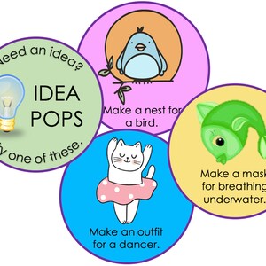 Op de afbeelding: Een groene gloeilamp met de tekst "Need an idea? IDEA POPS Try one of these." omringd door vier kleurrijke cirkels met illustraties en tekst. De cirkels bevatten een blauwe vogel in een nest, een groene vis, een witte kat met een roze tutu en een gele vis.