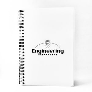 May include: White spiral bound notebook with a black logo that says "Engineering Department" and a graphic of a building with two wrenches crossed over it.