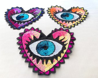 Large Sequined Evil Eye Embroidery Sew On Applique, Sequin Heart Wall Art , Runway Inspired Eye Paillette Applique Home Decor Sequin Patch