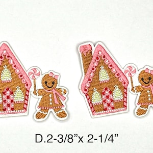 May include: Two embroidered iron-on patches featuring gingerbread houses with pink and white frosting and gingerbread people holding candy canes. The patches are 2-3/8 inches by 2-1/4 inches.