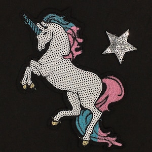 May include: A white unicorn with a pink tail and blue mane, with a silver star on a black background.