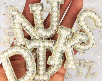 Sparkling White Pearl AB Rhinestone Letter Glue on / Iron on DIY Bridal Patch