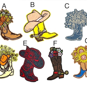 May include: Ten embroidered iron-on patches featuring cowboy boots with different floral arrangements, including sunflowers, roses, and wildflowers. The patches are perfect for adding a touch of Western flair to clothing, bags, or other accessories.