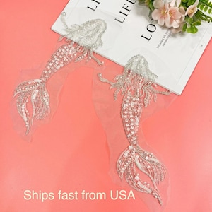 Beaded Lace Mermaid Motif On Tulle 14.5cmx27.5cm Sequin/Pearls Applique For Bridal/Evening Gown