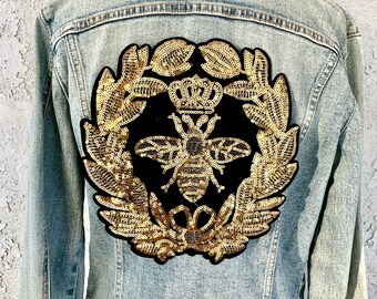 Sequins Gold Crown Bee Embroidery Sew-On Velvet Patch, Runway Inspired  Paillette Insect