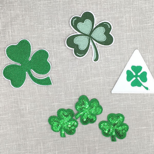 4 Leaf LUCKY IRISH CLOVER iron-on 3 Leaf Green Clover Embroidered Sequin Shamrock Ireland Dark Green applique