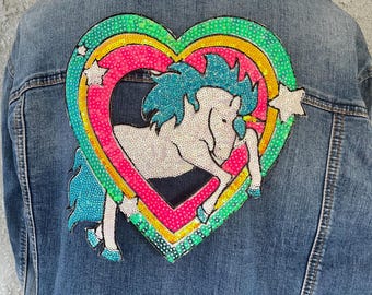 Large Sequins Unicorn Rainbow Heart Iron-on Jacket Patch - Ships from USA