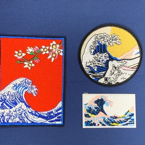 Japan Kanagawa Wave Embroidery Iron On Applique Patch, Kohoku Great Wave Tsunami sew on patch, Ocean Wave embroidery patch For Jacket