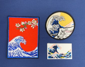 Japan Kanagawa Wave Embroidery Iron On Applique Patch, Kohoku Great Wave Tsunami sew on patch, Ocean Wave embroidery patch For Jacket