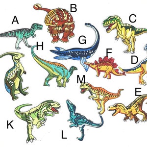 May include: A set of 12 colorful dinosaur iron-on patches. The patches feature a variety of dinosaurs, including a stegosaurus, a triceratops, a brachiosaurus, and a tyrannosaurus rex. The patches are perfect for adding a fun and whimsical touch to clothing, bags, or other fabric items.
