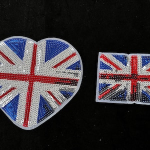 Sequined UK Flag Patch: Embroidered Iron-On Applique (4-5/8" x 4-3/8")