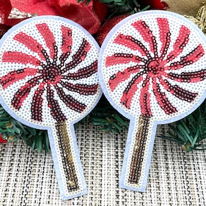 2 Sequin Red Swirl Lollipops Christmas Party Favor Decoration Patch For Holidays Tree Skirt Festive Iron-on Patch