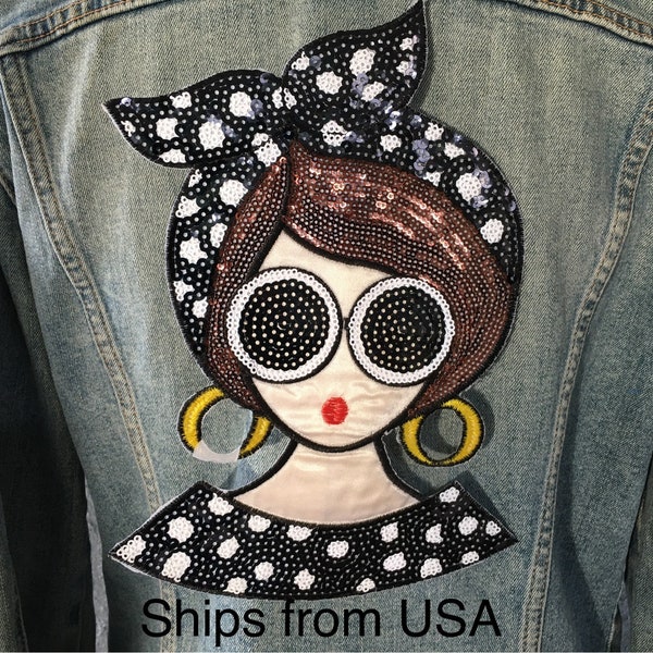 Sequin Classy Lady In Polka Dots Head Scarf Iron On Applique, Fashion Runway Inspired Pretty Girl Iron-on Patch
