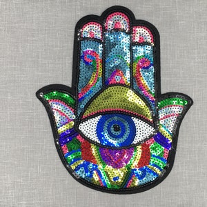 Sequin Hamsa Hand of Fatima Evil Eye Iron-on Patch, Halloween Patch, Witchery Patch