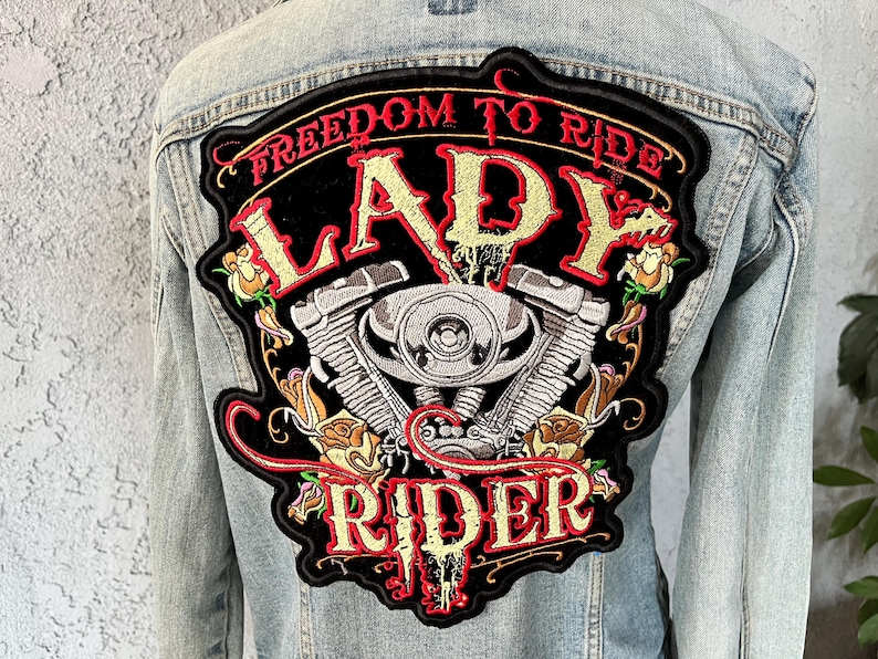 Harley Davidson Lady Biker Jacket patch Large Freedom Symbol
Bad & wild girl rider patch
Black velvet embroidered rose ironon patch
