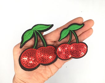 2 Sequined Red Cherries Embroidered Iron On Applique Patch, Trendy Applique, Red Sequined Cherries Runway Fashion Inspired Patch