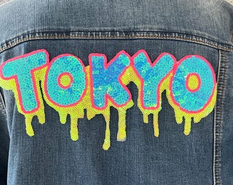 Sequin Tokyo Iron-on, Japan letter Jacket Patch, Blue Tokyo Denim Jeans Applique