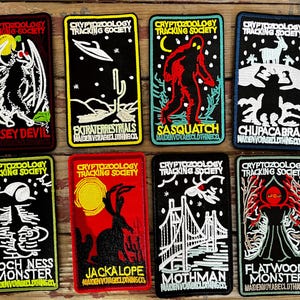 The Cryptid Patch Collection Sasquatch Big Foot Cryptozoology Tracking Society Creepy Mysterious Cryptid Woodland Redwoods- Ships From USA