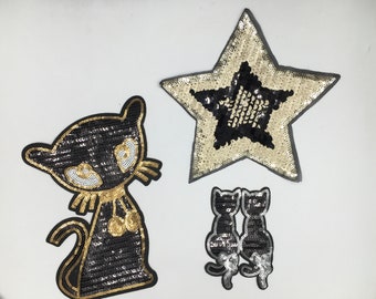 Sequin Gold/black Star Sew-on Patch, Sequin Gold/black Cat Iron-on Patch For Pillow cover, Jacket, Jeans &  Blanket