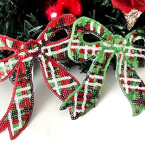 Red Green Plaid Bow Iron-on Sequin Holidays Special Bows Trucker Hat Patch -Restock soon