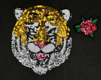 2 Pc Sequin Tiger Iron On Patch, Animal Wall Art , Concert Jacket Tiger Patch, Runway Inspired Paillette Animal Patch, Fashion Jacket Patch