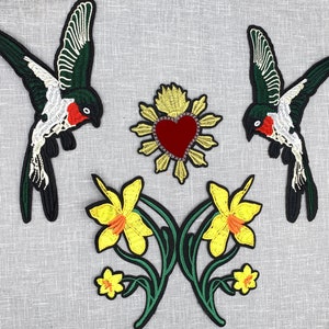 1 Pair Embroidered Yellow Lily T-shirt Iron On Patch, Embroidered Gold Crown Red Velvet Heart Patch, Embroidered Green Birds Patch