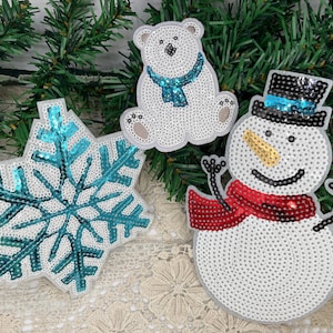 Sequin Snowman Polar Bear Icy Blue Snowflake Iron-on Patch Sequin Christmas Theme Iron-on Applique - Ships From U.S