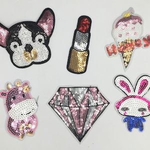 Sequins Diamond Dog Embroidered Iron On Applique Patch, Sequin Red Lipstick, Ice Cream, Sequin Dog Patch, Taylor S. Bejeweled Sequin Patch
