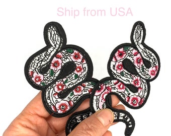 Embroidered Floral Snake Iron-On Patch: White & Pink Applique