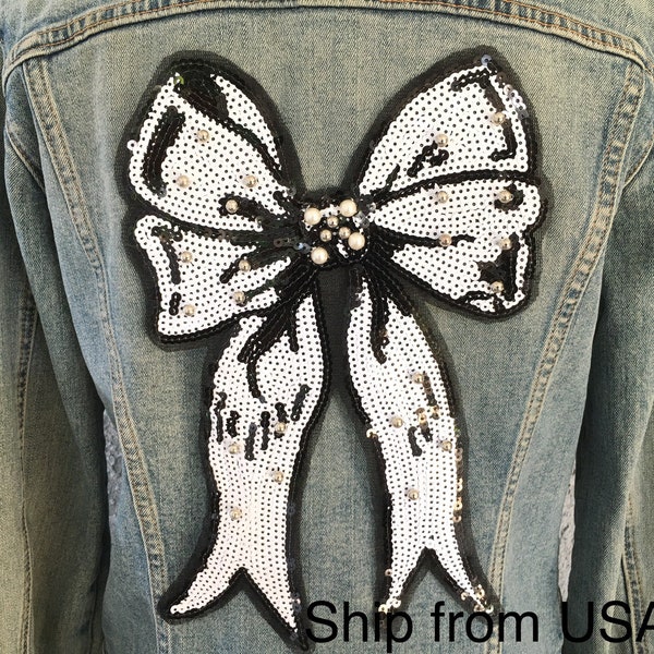 Sequined Big Bow Sew On Only Applique, Huge Black White Sequined and Beaded Gift Bow Embroidery Sew On Patch
