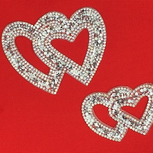 Clear Sparkling Rhinestones Valentine&#39;s Day Double Hearts Iron-On Applique Patch,  Blink Bridal Rhinestone Heart Iron On
