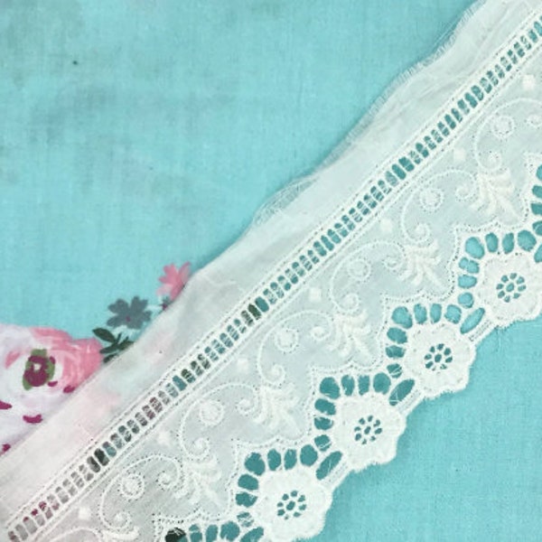 2-5/8" Cotton Eyelet Entredeux Lace, White Embroidered Fabric Lace, Bedding Entredeux Lace