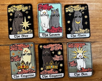 Trendy Inspired Cat Tarot Cards Goth Nature Magic Love Embroidered Iron-On Moon Stars Emperor Empress Star Wicca Witch Goddess