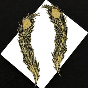 Golden Shiny Peacock Feather Embroidery Iron-on Patches For Use on Jacket Jeans Feather Iron-on Applique Jacket Patch