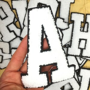 Chenille Varsity Letter Patch: White & Black, 4-5/8" Iron-On Applique