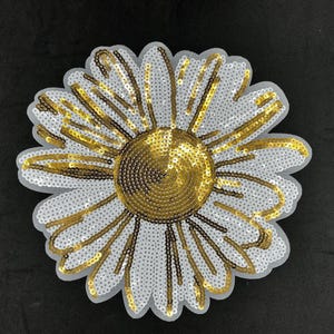 Gold & White Daisy Sequin Patch – 9in Large Floral Sew-On Appliqué