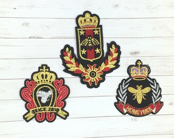 Embroidered Crown Queen Bee Iron on applique T-shirt Patch,  Gold Crown Bee Iron-on Patch, Pocket Patch, Jeans Patch