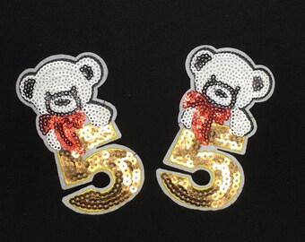 2 Gold Sequins Teddy Bear Iron-on/Sew On Applique Patch, Sequin White Teddy Bear Iron-on Patch