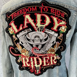 Black Velvet Lady Rider Patch: Embroidered Iron-On Biker Jacket Applique