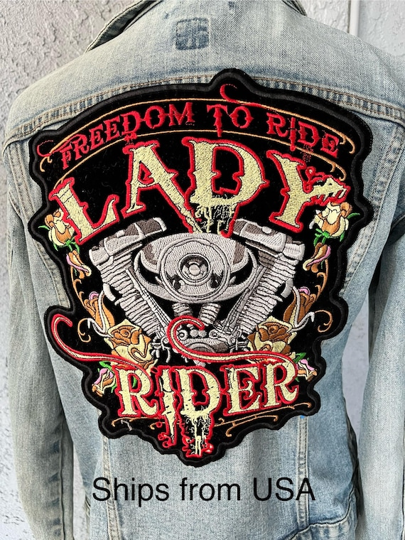 Black Velvet Lady Rider Patch: Embroidered Iron-On Biker Jacket Applique