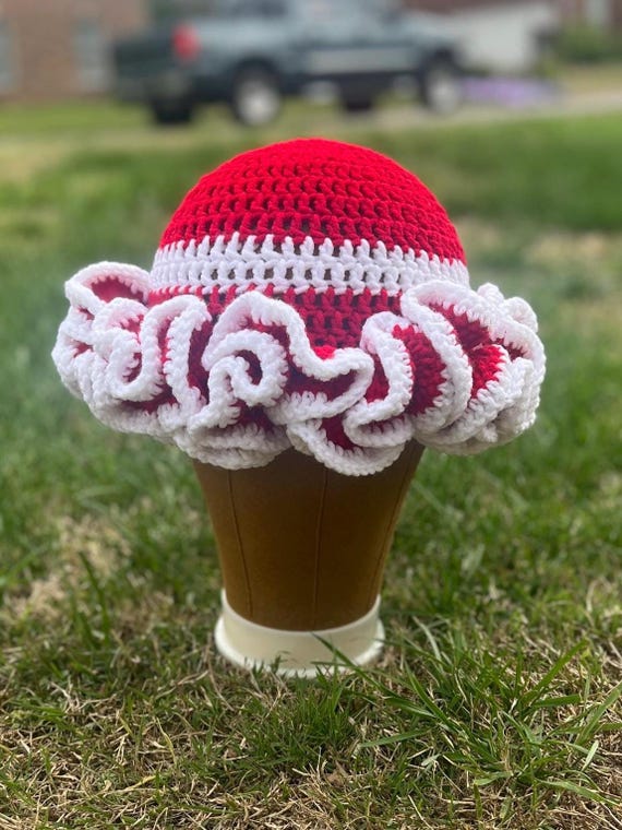 Women\'s Red Hand Made Crochet Hat with Ruffled Brim EINCORN Handmade Crochet Bucket Hat for Woman Teen Outdoor  main image 3