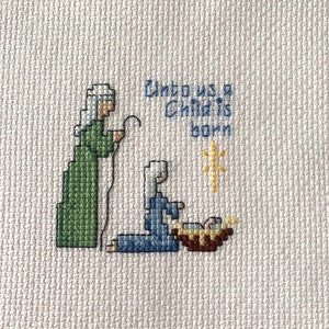 Mini Cross Stitch Nativity Completed Finished for Crafts DIY Holiday Small Metallic Religious Jesus Mary Joseph Supplies