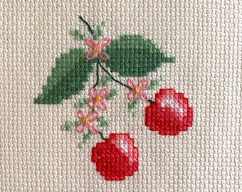 Mini Cross Stitch Cherry Floral Completed Finished for Crafts DIY Cafe Small Supplies Summer Tray Decor Window Card Gift