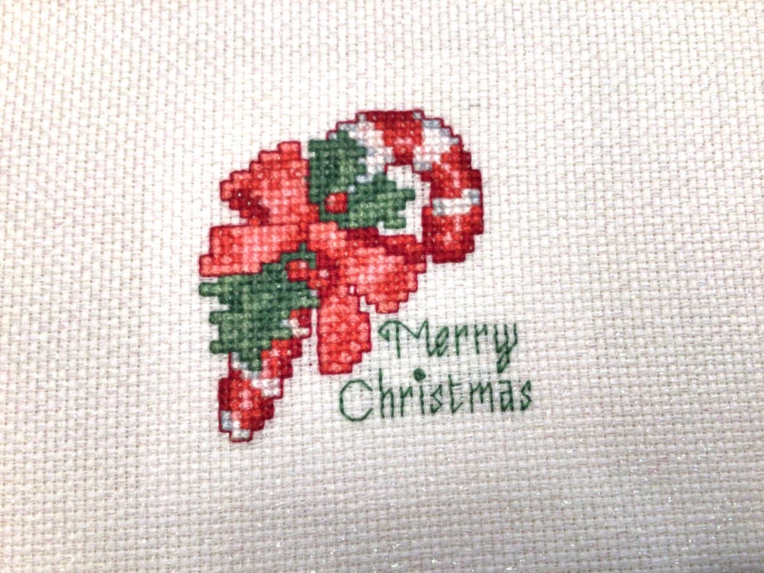 Mini Cross Stitch Candy Cane Completed Finished for Crafts DIY Holiday