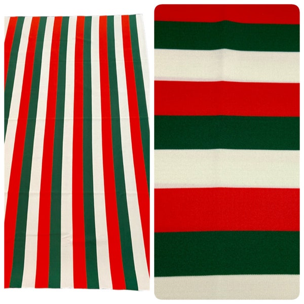 Vintage 70s Stripe Double Knit Polyester Fabric Remnant Red Green White 36x65 in