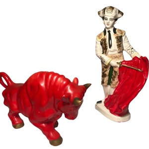 Matador Torero Bull Figurine Set Japan Porcelean Ceramic Hand Painted Mid Century