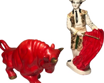 Matador Torero Bull Figurine Set Japan Porcelean Ceramic Hand Painted Mid Century
