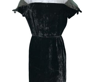 Vintage Black Velvet Sheer Top Dress Sz Small 60s Cocktail Wiggle Pencil